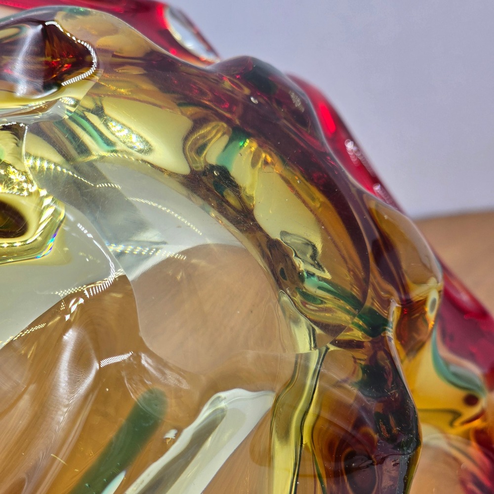 MCM 60s Murano Hand-Blown Glass Bowl Red Amber Teal Sommerso Starburst 10 inch - Picture 4 of 8